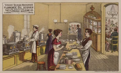 American Trade Card Advertising Sewing Machines and Oil Stoves Manufactured by the Florence Machine Company, Massachusetts