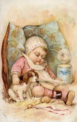 Baby with Puppy Drinking from Bottle, Advertisement for Preserved Milk