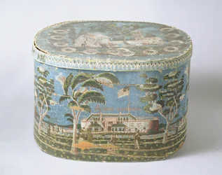 Bandbox Covered with Block-Printed Paper Showing View of Castle