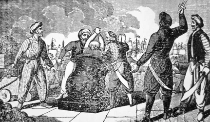 Barbary Corsairs return the French Consul at Algiers to his ship, by cannon