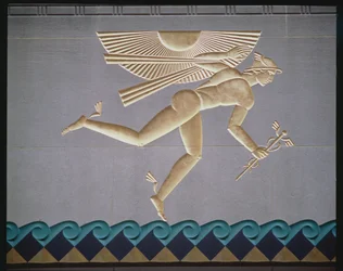 Bas-relief depicting Mercury from the exterior of one of the 14 buildings