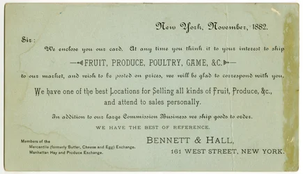Bennett & Hall Trade Card, 1882