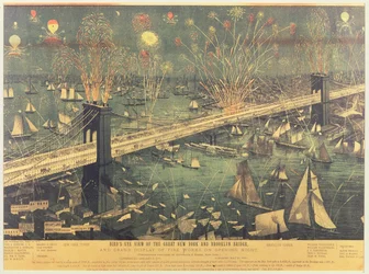 Birds-Eye View of the Great New York and Brooklyn Bridge and the Grand Display of Fireworks on Opening Night
