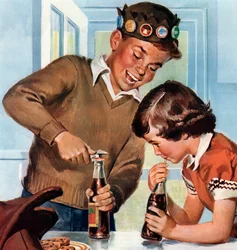 Boy and Girl Happily Enjoying Soft Drinks