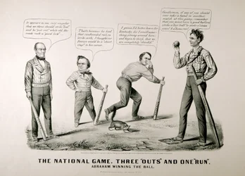 Cartoon showing Abraham Lincoln Winning the Ball against his opponents Douglas, Bell, and Breckenridge in the Presidential Election of 1860