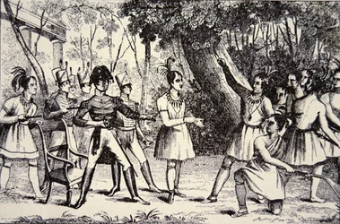 Chief Tecumseh defying General Harrison (engraving)