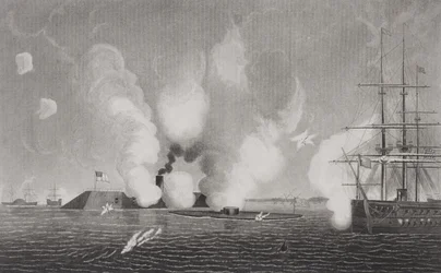 Combat between the Confederate CSS Virginia and the Union USS Monitor on March 9th 1862 at Hampton Roads, Virginia