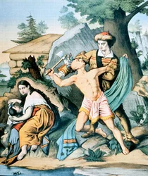Daniel Boone defends his family against Indian attack