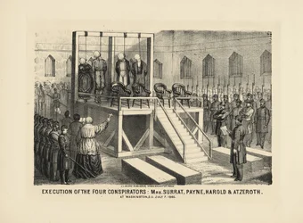 Execution of the Four Conspirators: Mrs Surratt, Payne, Harold & Atzerodt at Washington DC, July 7, 1865, pub. 1865