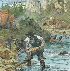 Gold Washing in California, from a book published in 1896 (hand coloured engraving)