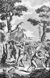 Illustration from an Anti-Catholic pamphlet showing women and children being murdered