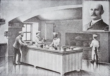 Kitchen of The White House in the 1890s, with inset portrait of Hugo Ziemann