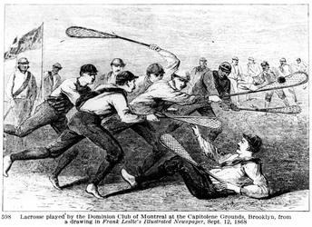 Lacrosse played by the Dominion Club of Montreal at the Capitoline Grounds, Brooklyn, from a drawing in Frank Leslie
