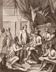 Montezuma Handing Over His Empire to the King of Spain, Giving Him a Tribute and Pledging His Obedience, from Antonio de Solis y Rivadeneira