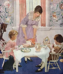 Mother Slicing Bread for Her Children