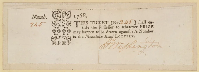 Mountain Road Lottery Ticket, signed by George Washington, 1768