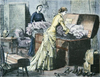 Packing Saratoga Trunk for train journey to Saratoga Springs, New York, c.1880