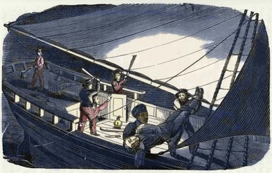 Pirate Charles Gibbs kills Captain Thornby and throws him into the sea. Engraving of 