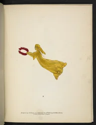 Plate 9. Yellow figure holding a red wreath. Spectropia; or, Surprising spectral illusions showing ghosts everywhere, and of any colour, etc. ser. 1. J.H. Brown 1864