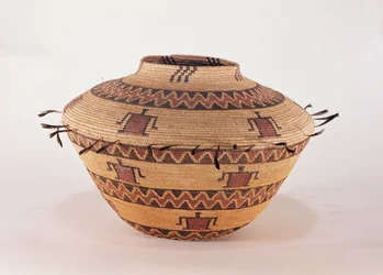 Pomo feather trimmed storage basket, from California