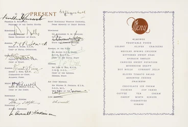 Printed Menu Signed by Winston Churchill and Franklin D. Roosevelt, U.S Flagship Augusta, Ship