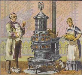 Servant putting turkey into large cooking stove, with master of the house looking on