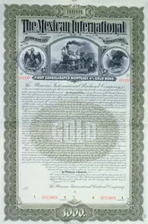 Specimen bond certificate for 1000 dollars for the Mexican International Railroad Company, 1897