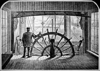 Steamboat pilot in the wheelhouse, c.1870