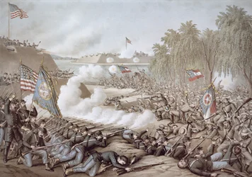 The Battle of Corinth, 3rd-4th October 1862, showing flags of North and South, by Kurz & Allison