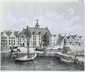 The Stadthuys of New York in 1679, Corner of Pearl Street and Coentijs Slip, from Journal of a Voyage to New York in 1679-80 by Jasper Danckaerts and Peter Sluyter