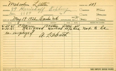 The employee service record of Malcolm X (1925-65)