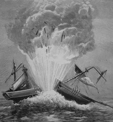 The first torpedo, invented by Robert Fulton blows up the Danish brig 