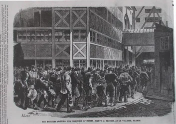 The refiners quitting the workshop of Messrs. Jeanty & Provost at la Villette, France from Scientific American, 1870
