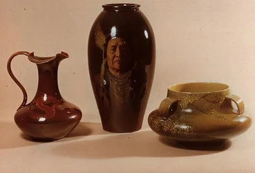 Vase with Portrait of Chief Joseph of Nez Perce Tribe, Signed by W.P. Macdonald; Ewer with Dragon Motif Marked with Initials of Albert R. Valentien; Bowl with Japanese Flower Motif