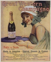 Young Woman with a Bottle of Champagne, Advertisement for Great Western Champagne