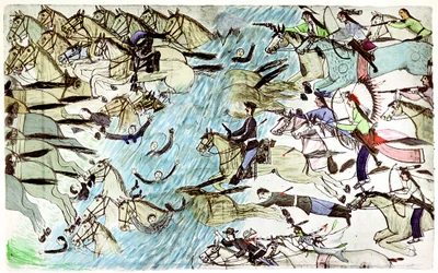 American Cavalry Retreating Across a River Pursued by Native American Warriors, c1900