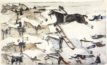 Battle of Little Big Horn 25-26 June 1876. Retreat of US 7th Cavalry battalions under Major Marcus Reno. Painting by Amos Bad Heart Buffalo (Sioux) c. 1900