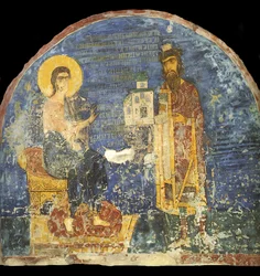 Grand Prince Yaroslav II Vsevolodovich with model of the Nereditsa Church before Christ, 12th century