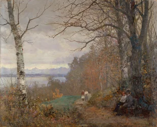 A Wooded Lake Landscape with Figures Seated on a Bench