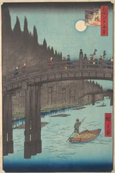 Full Moon Over Canal, with Bridge and Huge Stacks of Bamboo along the Bank, ca. 1857