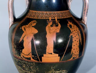 Attic red-figure amphora depicting a citharede performing in a musical competition, c.525-520 BC