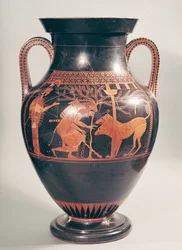 Attic red-figure belly amphora depicting Herakles capturing Kerberus, from Athens