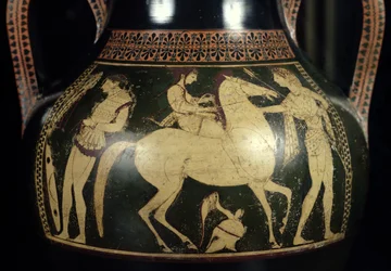 Attic white-figure amphora depicting amazons preparing for battle (detail)