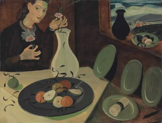 Plate of Fruits and Woman Arranging Flowers in a Vase