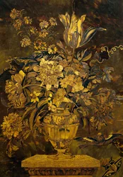 Marquetry inlay on ebony cabinet door by Andre-Charles Boulle