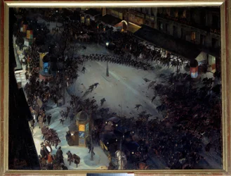 The Charge, Boulevard Montmartre. Scene of demonstrations in Paris. Painting by Andre Devambez (1867-1944) 1901