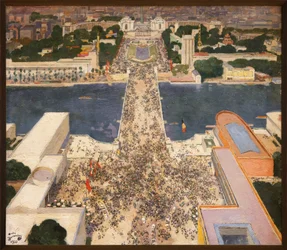 The 1937 International Exhibition seen from the second floor of the Eiffel Tower. At the foot of the hill of Chaillot, the pavilion of the Soviet Union on the left and that of Nazi Germany on the right face each other (1867-1944)