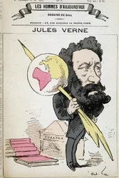 Jules Verne Pinching the Earth to His Pen - by Gill, in 