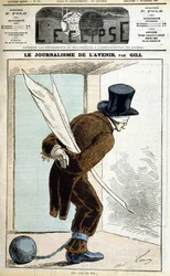 Man with Eyes Strips with Feather, Hands Tied and a Ball at the Foot: Journalism of the Future - by Gill, in L