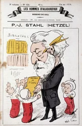 Portrait-charge of Pierre Jules Hetzel offering Stahl